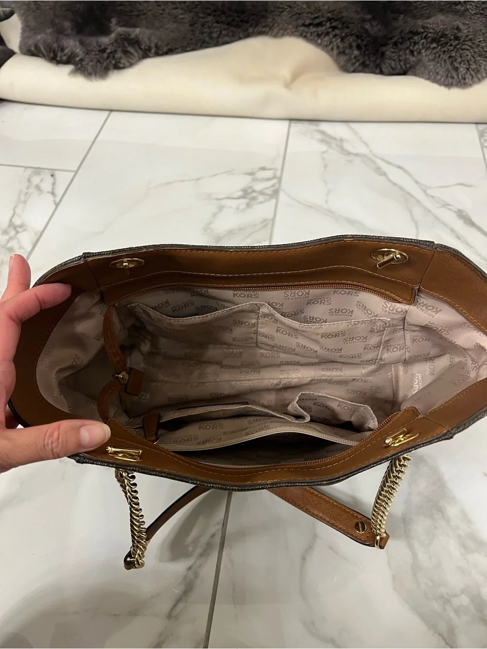 Michael Kors Brown MK Signature Shoulder Bag with Gold Hardware